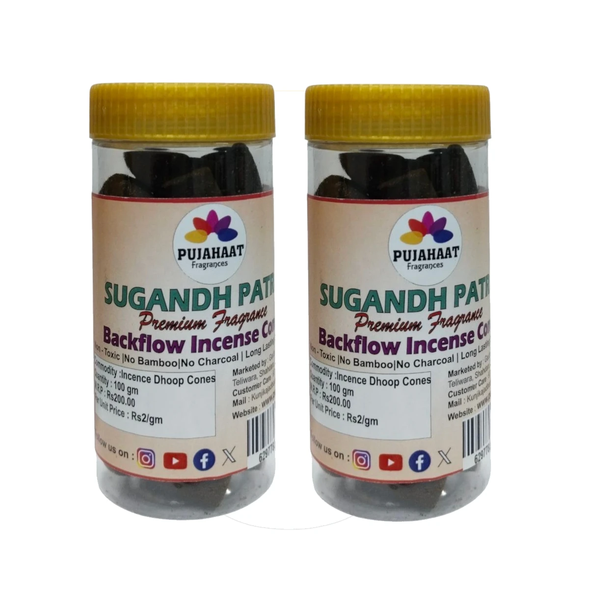 Pujahaat Sugandha Patra Backflow Cone 200gm jar-Premium Dhoop Cones