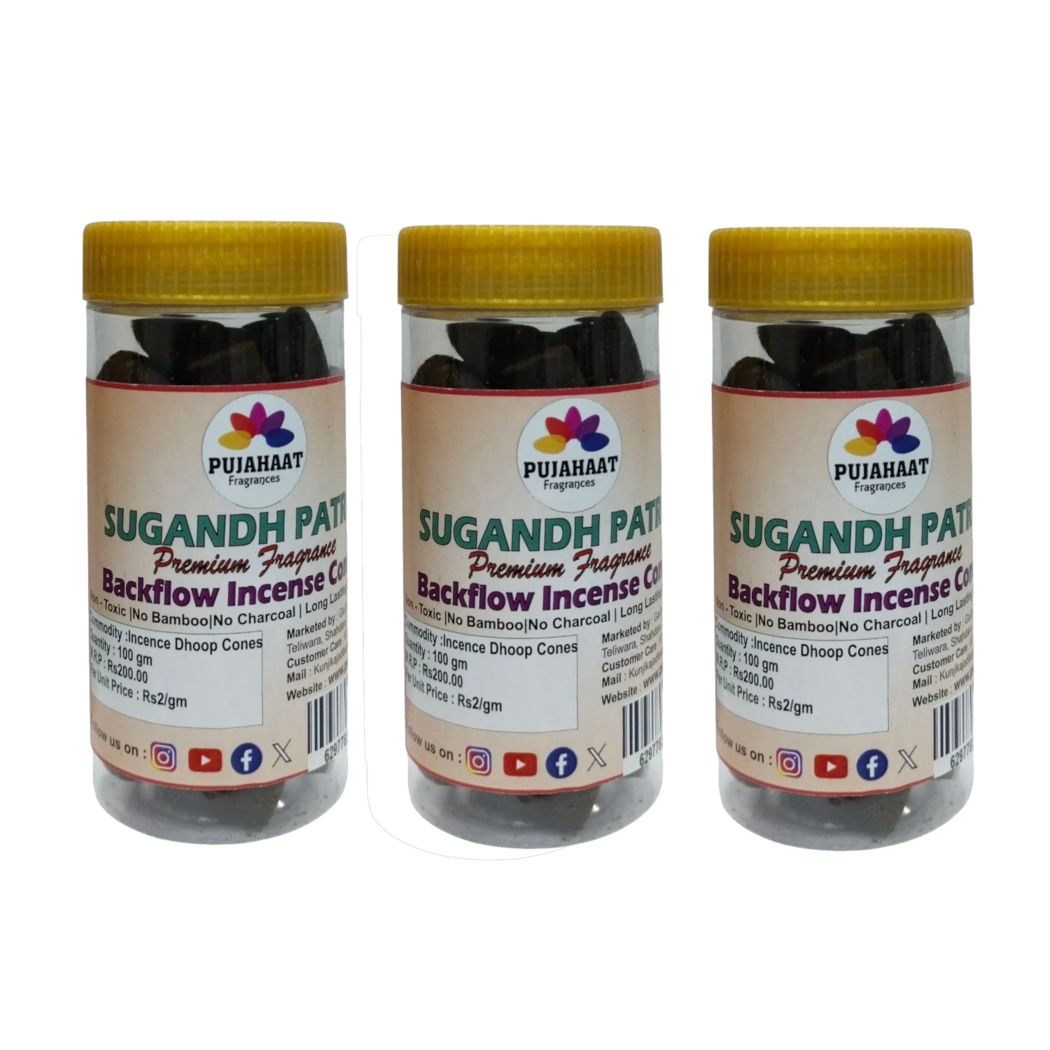 Pujahaat Sugandha Patra Backflow Cone 300gm jar-Premium Dhoop Cones