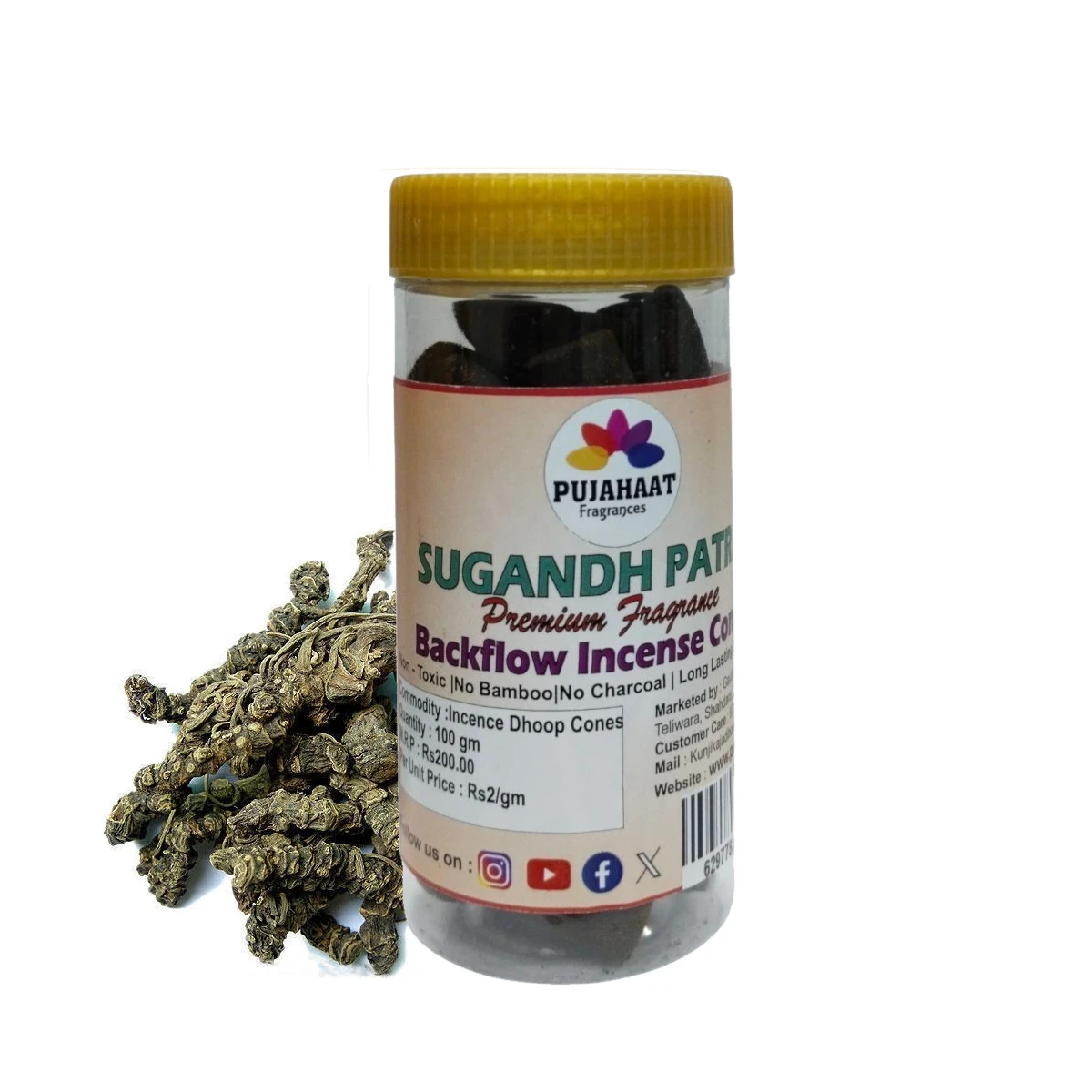 Pujahaat Sugandha Patra Backflow Cone 100gm jar-Premium Dhoop Cones