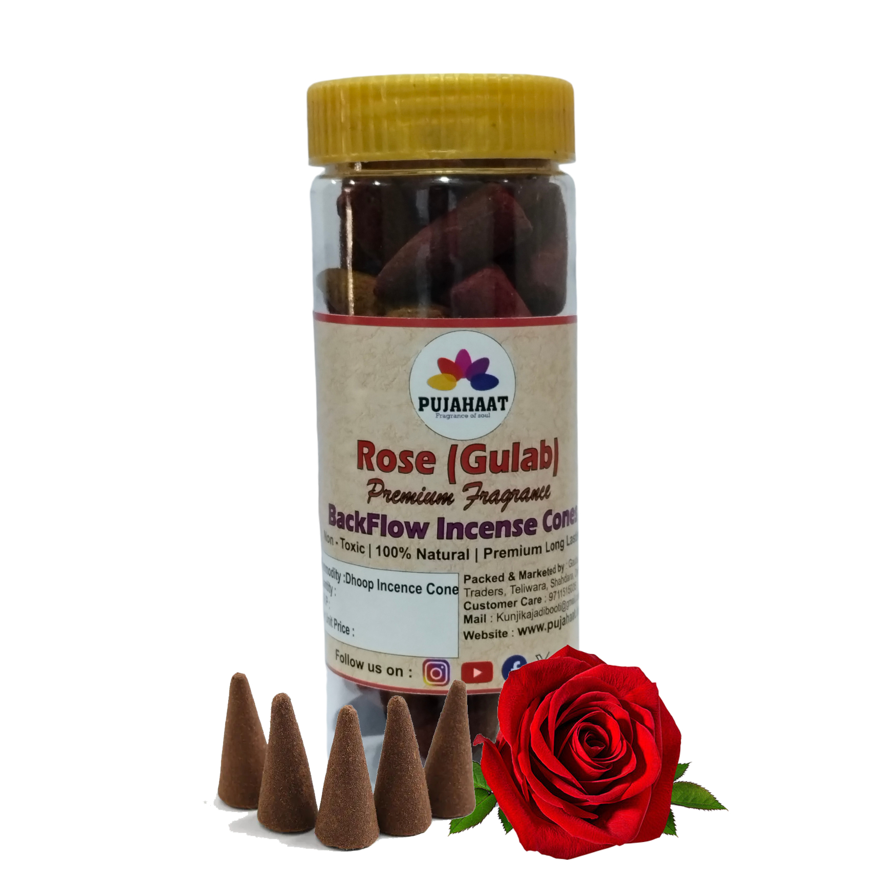 "Pujahaat Rose Backflow Cone 100gm Jar-Long-Lasting Backflow Dhoop Cones"